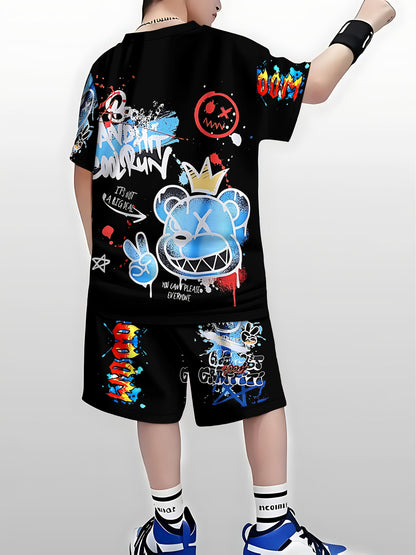 Boys' Fashion 3D Printed Casual Pullover Short Sleeve Shorts T-Shirt, Boys Outdoor T-Shirt Shorts Set, for Outdoor