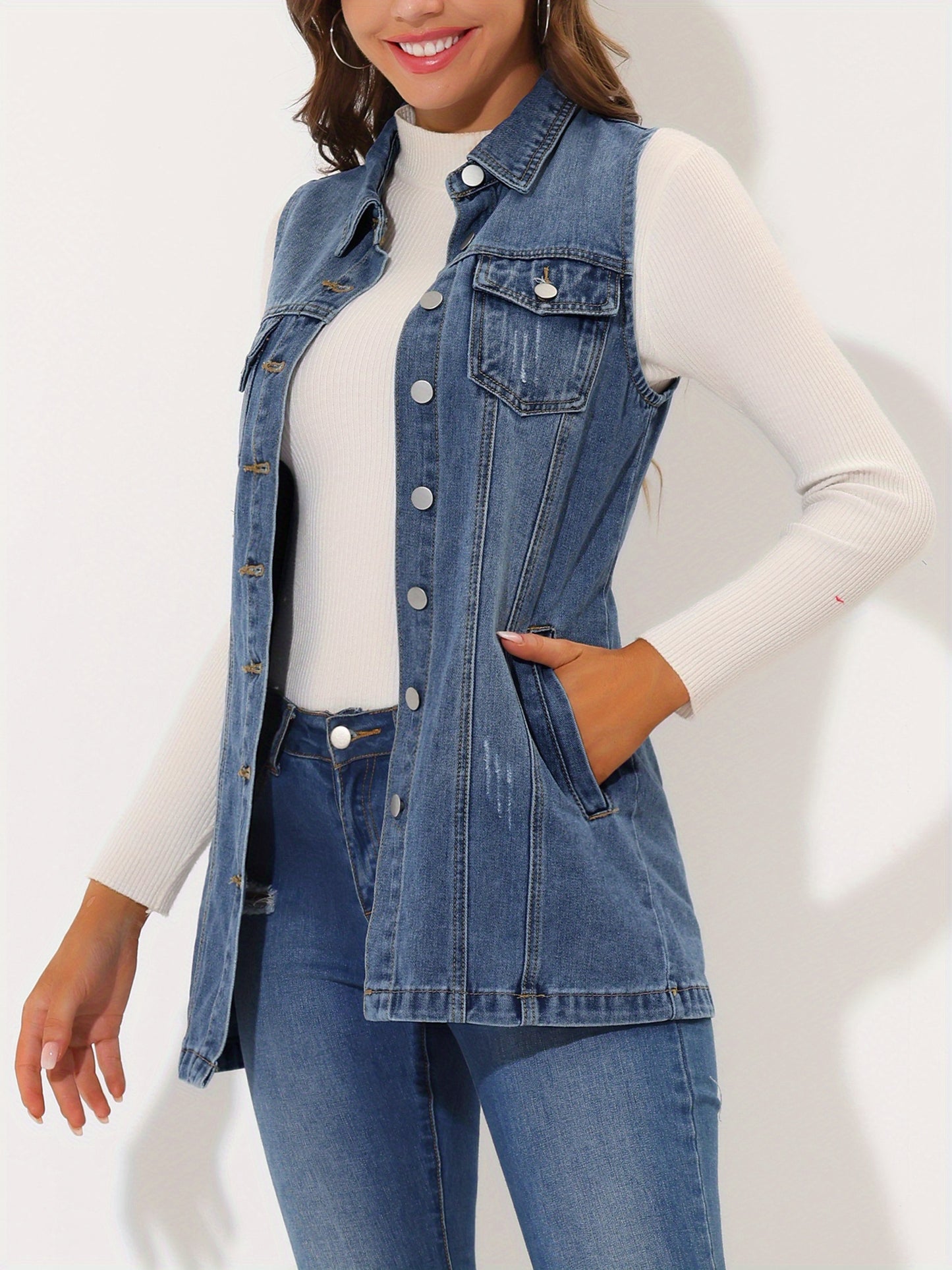 Women'S Denim Vest Sleeveless Button Waistcoat Casual Long Jean Vests