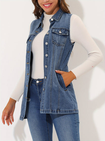 Women'S Denim Vest Sleeveless Button Waistcoat Casual Long Jean Vests