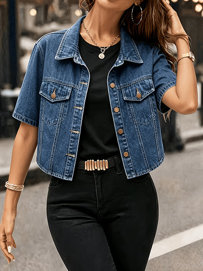 [Women's Denim Jacket] 2026 New Women's Denim Jacket, Dark Blue Regular-Fit Short Denim Jacket, Vintage-Washed Short Denim Jacket