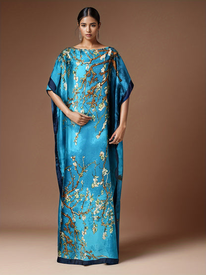 2pcs Elegant Batwing Sleeve Kaftan Set with Floral Print - Loose Fit, Asymmetrical Design, Perfect for All Seasons, Allseason Outfit|Floral Print Kaftan|Asymmetrical Hemline, Kaftan Dress