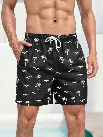 2 Pairs Of Men's Minimalist Palm Tree Seagull Silhouette Print Beach Pants, Loose-fit Quick-dry Tie-dyed Swim Shorts with Pockets for Beach Vacations And Surfing