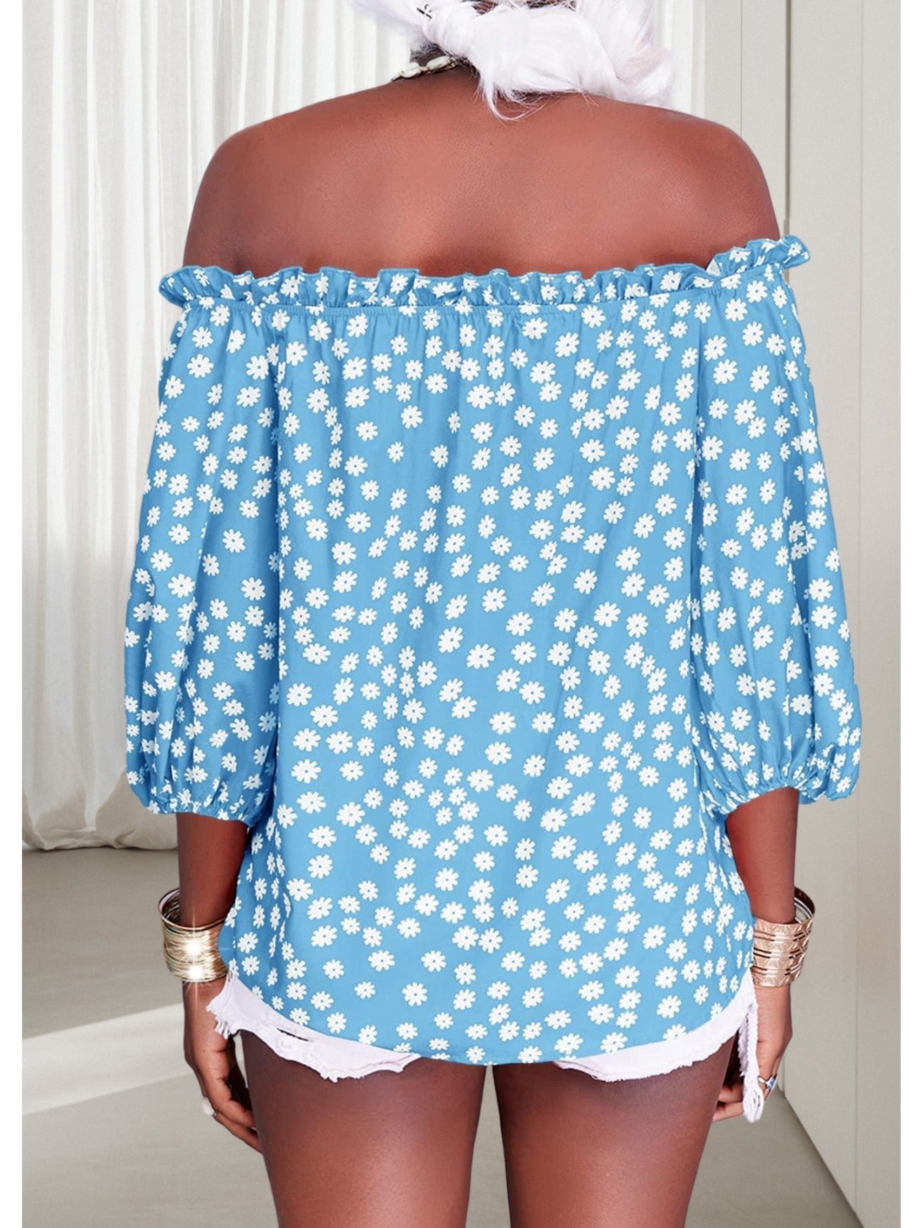 Womens Summer Off Shoulder Blouse Floral Print 3/4 Sleeve Casual Chiffon Tops Shirts