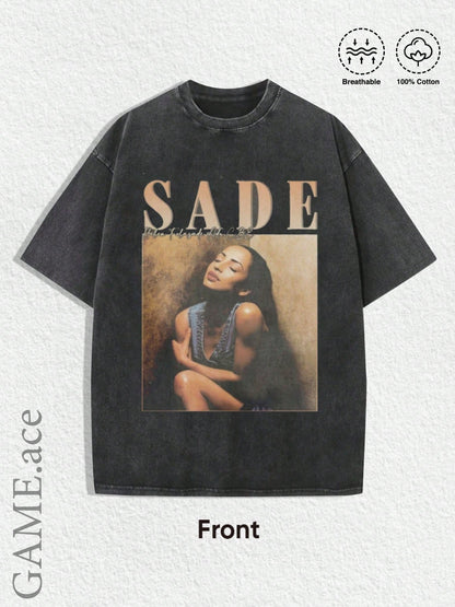 1 Summer Top, Y2K Swag T-shirt, Retro Sade Pattern T-shirt - Bohemian Retro Music Band T-shirt, Black and Golden Print, Spring/Summer/Autumn Men'S Wear, Regular Fit Shirt
