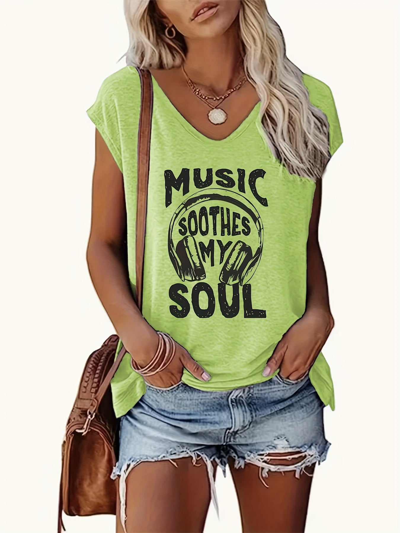 Women'S V-neck Music Festival Letter Print Tank Top- Casual Sleeveless Summer Spring Wear, Machine Washable