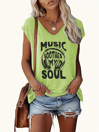 Women'S V-neck Music Festival Letter Print Tank Top- Casual Sleeveless Summer Spring Wear, Machine Washable