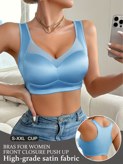 1pc High-quality Satin Fabric Women'S Bra | Wireless, Front Buckle Design, Strong Support, Comfortable Gather, Suitable for Daily and Formal Wear, Non-removable Padding
