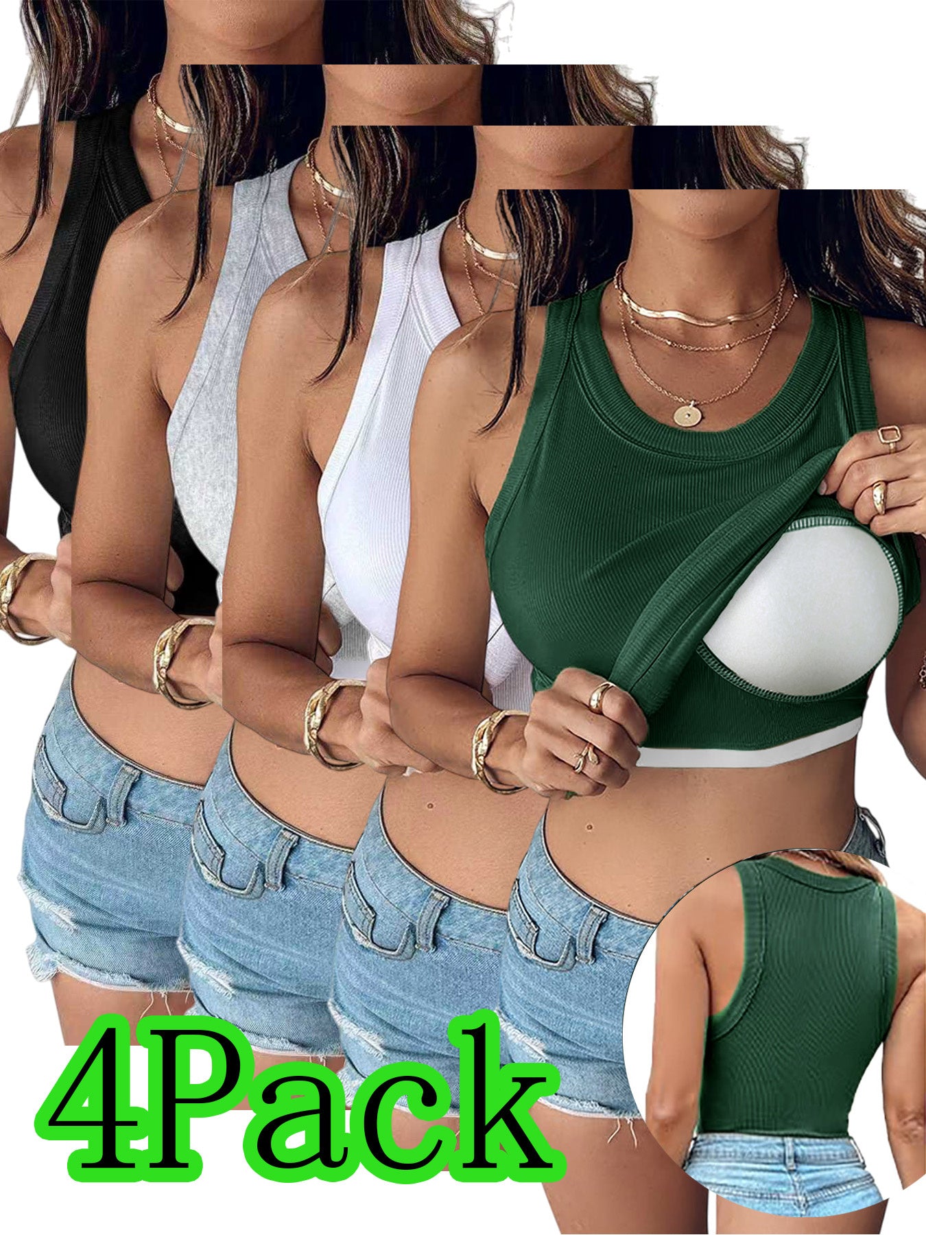 4-Pack Women'S Ribbed Seamless Built-in Bra Tank Tops Wide Strap Slim Lifting Skin-Friendly Base Layer| Lounge Yoga Office Sleep Daily Wear| Solid Color Machine Washable Multi-Season Layering Tops