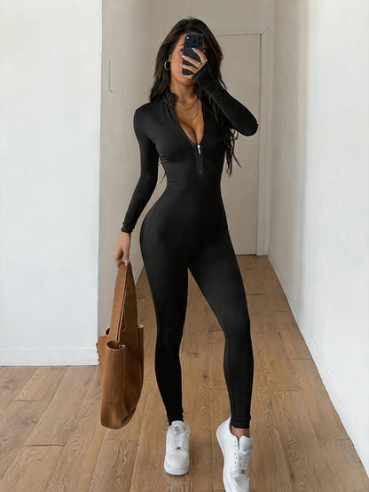 Women'S Solid Color Long Sleeve Skinny Jumpsuit, Front Half Zipper Design, Comfortable And Slim-fitting Jumpsuit, Casual And Versatile, Suitable For Cycling, Running, Yoga, Tennis And Other Training.