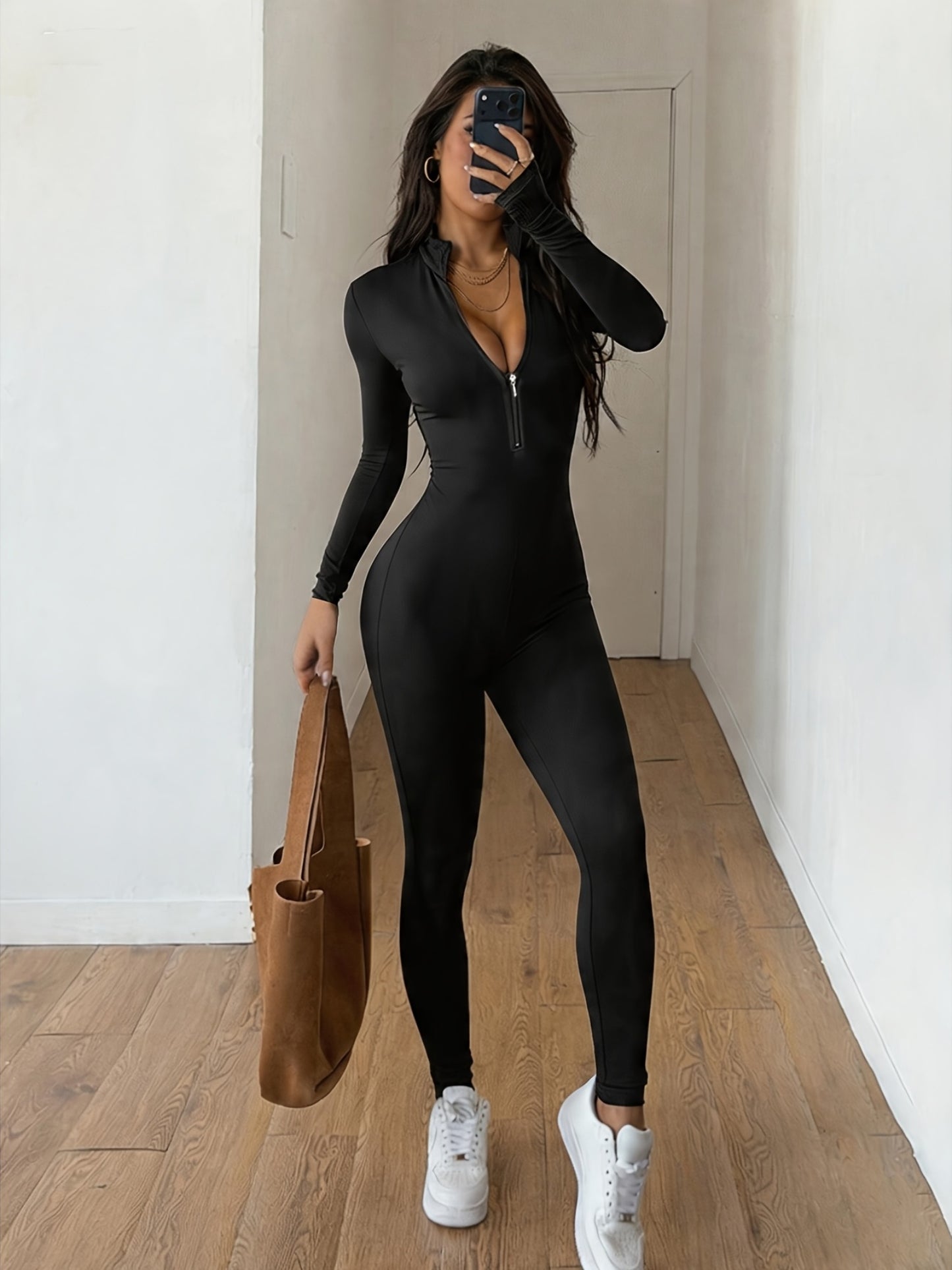 Women'S Solid Color Long Sleeve Skinny Jumpsuit, Front Half Zipper Design, Comfortable And Slim-fitting Jumpsuit, Casual And Versatile, Suitable For Cycling, Running, Yoga, Tennis And Other Training.
