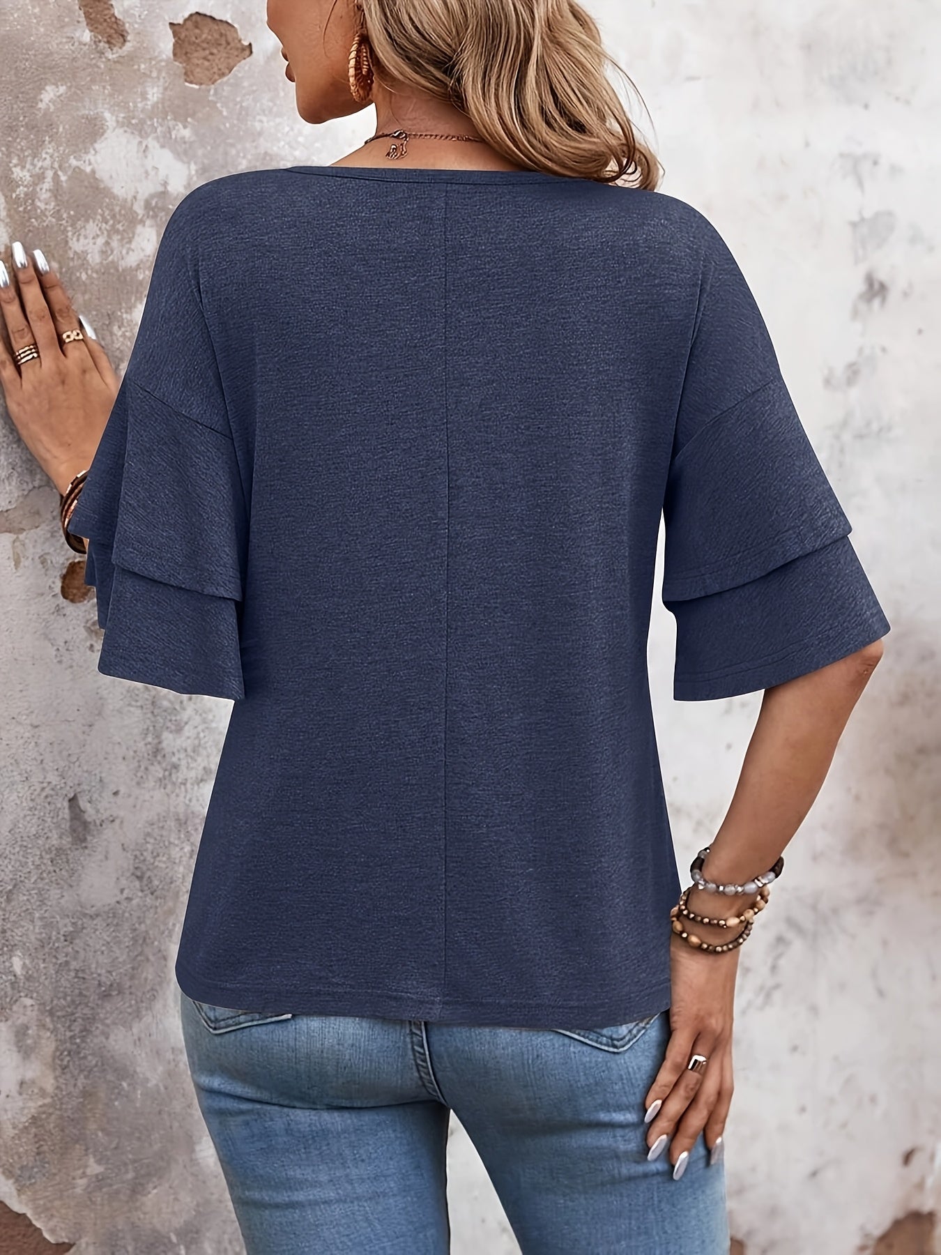 Vibrant Flare Sleeve V-Neck T-Shirt - Stylish Tiered Top with Relaxed Fit, Soft Solid Color Fabric, Perfect for Spring And Summer, Women's Casual Clothing