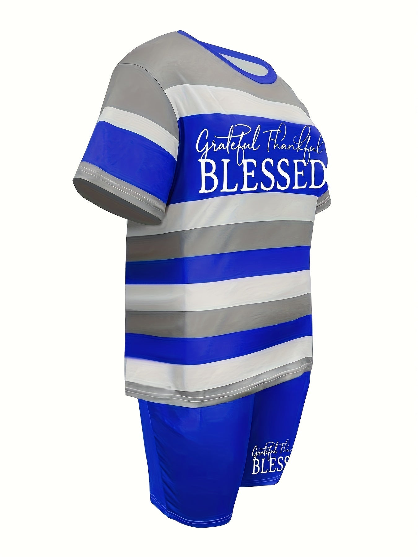 Plus Size BLESSED Print Biker Shorts Set, Striped Short Sleeve Crew Neck T-shirt & Pocket Biker Shorts, Women's Plus Size Clothing