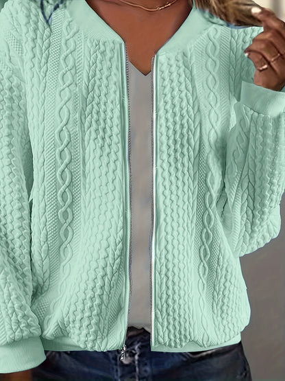Plus Size, Plus Size Zip Up Textured Solid Jacket, Casual Long Sleeve Outerwear for Fall & Spring, Women's Plus Size Clothing