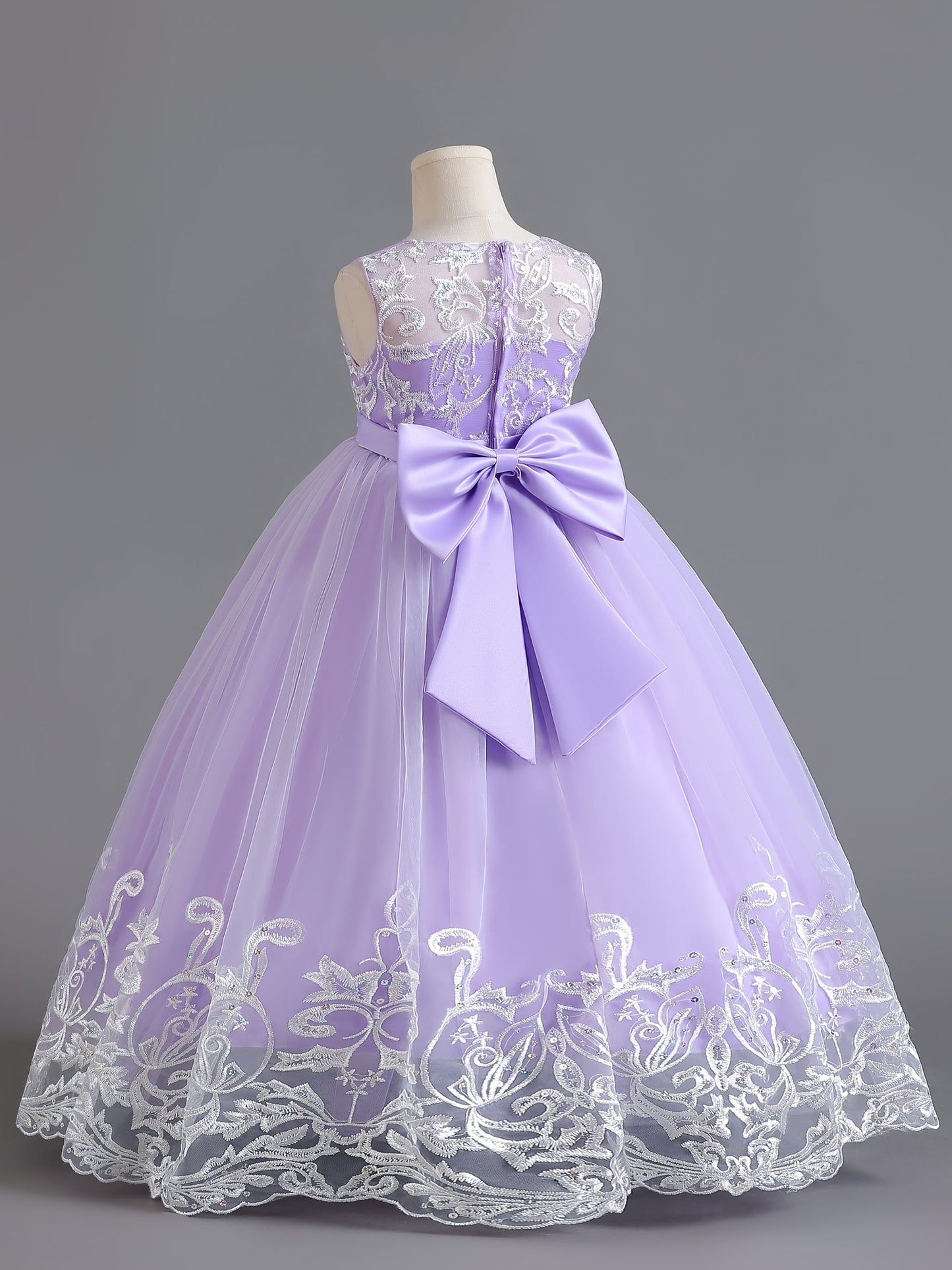 Flower Girl Lace Dress for Kids Wedding Bridesmaid Pageant Party Formal Long Gown Princess Communion Tulle Bow Dresses