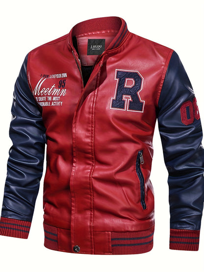 Plus Size Men'S Letter "R" Print PU Jacket for Spring/Autumn, Oversized Punk Raglan Baseball Jacket for Big & Tall Males, Men'S Clothing