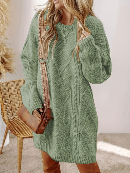 Plus Size, Beige Cable Sweater Dress - Oversized Slouchy Mid-Length Dress with Drop Shoulder, Cozy Winter Dress for Fall/Winter, Beige Cable Pattern Pullover, Elegant Casual to Dressy Wear
