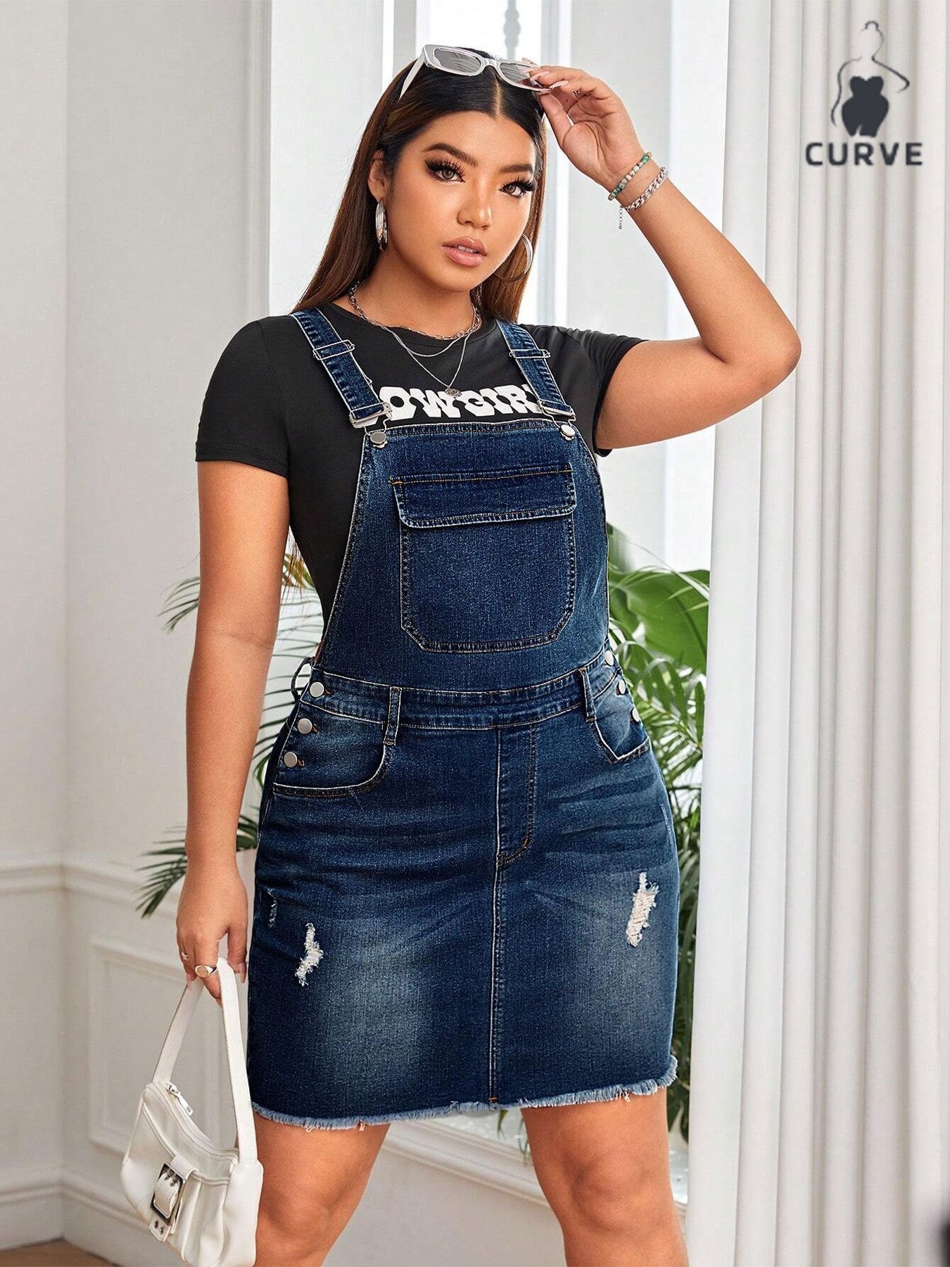 Plus Size Denim Pinafore Dress with Adjustable Straps & Distressed Design - Mid-Length -Line Dress Suitable for Spring Summer Fall, Casual to Dressy Outfits, Machine Washable Denim Dress
