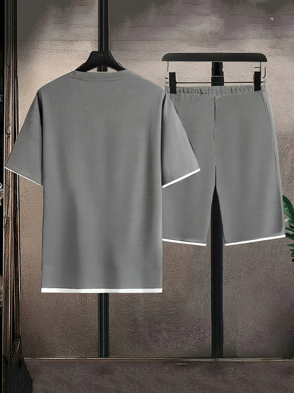 Spring And Summer Men'S Loungewear Waffle Pajamas Solid Color Gray Men'S Short Sleeves Spring And Autumn Style Can Be Worn Outside Men'S Elastic Waist Shorts Set Luxury Home Pajamas Single Pocket