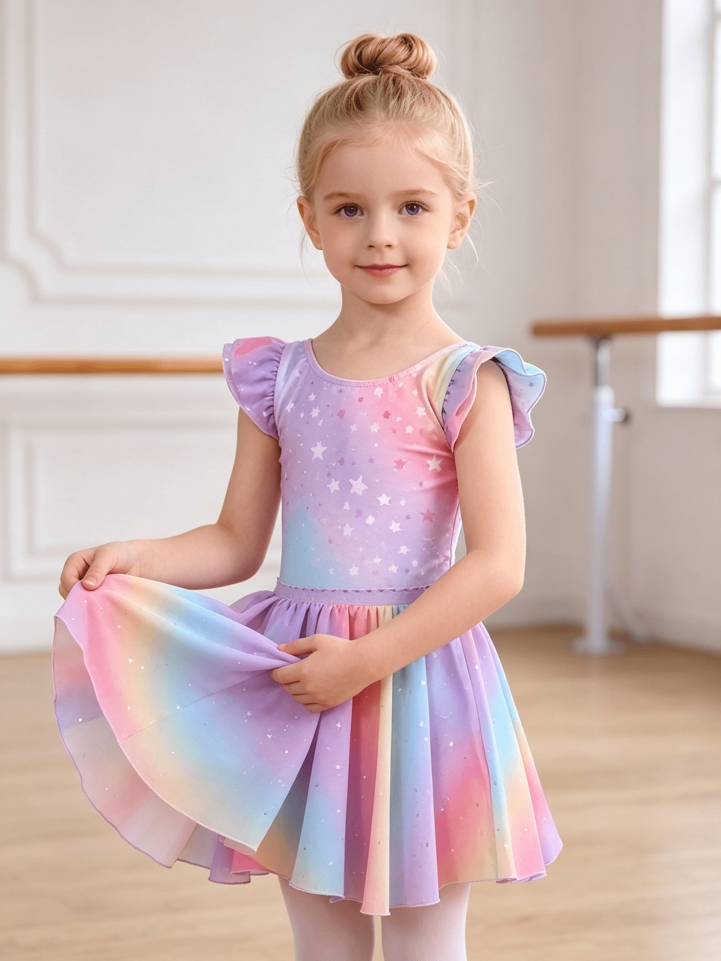 Summer New Kids' Dress, 1pc Of Gym Uniform, 1pc Of Skirt Set, Girls' Clothing Rainbow Flutter Sleeve Sequin Chiffon Dress Set, Children's Clothing Ballet Leotard, Perfect for Outdoor