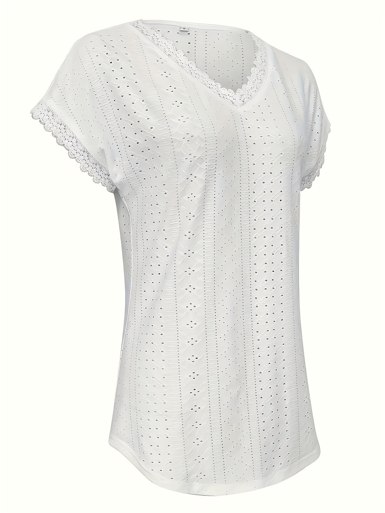 Casual Wear] Women'S Elegant Eyelet Lace V-Neck Blouse - Casual Boho Chic Short Sleeve, Breathable - Blend, Solid Color With Delicate Lace Trim, Perfect For Spring/Summer