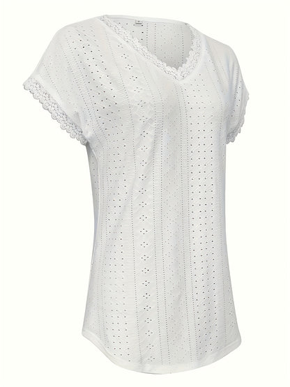 Casual Wear] Women'S Elegant Eyelet Lace V-Neck Blouse - Casual Boho Chic Short Sleeve, Breathable - Blend, Solid Color With Delicate Lace Trim, Perfect For Spring/Summer