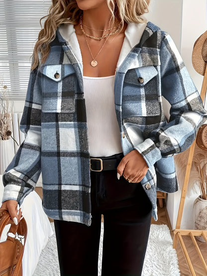 Fall & Winter Essential: Women's Plaid Hooded Jacket. Lining for Warmth, Front - Button Design, Adjustable Drawstring Hood. Washable In Brown, Red, Green, Black, Blue. Durable & Soft Fabric, Suitable for All - Day Comfort In Casual Settings.