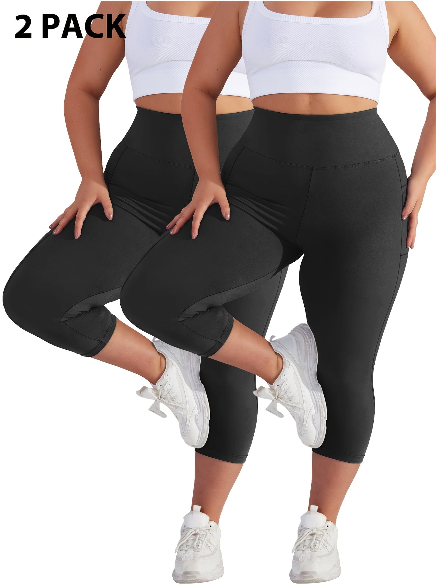 Plus Size - 2pcs Set - Plus Size High-Waisted Pocket Capri Pants - Soft Suitable for And Workouts - Elegant Style - New Spring And Summer Collection - Targeted Design