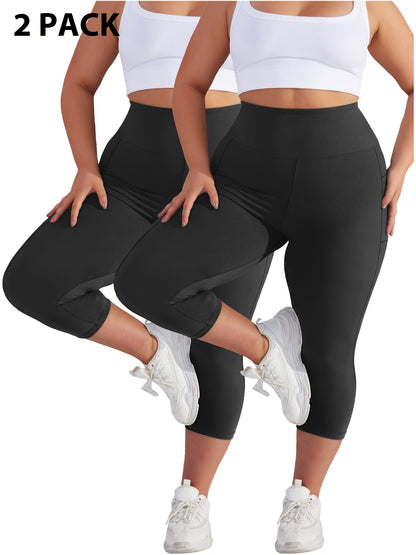 Plus Size - 2pcs Set - Plus Size High-Waisted Pocket Capri Pants - Soft Suitable for And Workouts - Elegant Style - New Spring And Summer Collection - Targeted Design