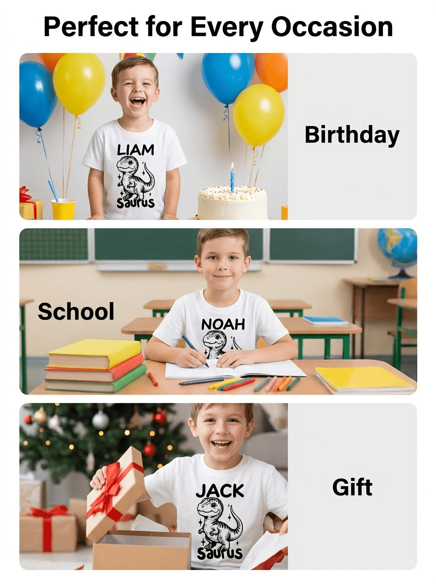 [Custom Product] Boys' T-Shirt with Name Customization, Cute Dinosaur Pattern Print, Simple Trendy Round Neck Outdoor Short Sleeve Homewear Top Gift