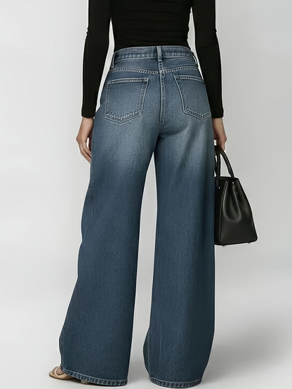 [Retro Denim Jeans] New Retro Style Denim Jeans for Women, With Metal Eyelets Designed for Casual And Loose Fit, High Waisted And Wide Leg Jeans, Street Cool Women's Clothing, Black Retro Blue Light Blue Women's Straight Leg Denim Pants
