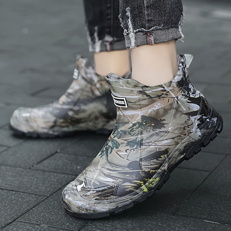 Men's Camouflage Rain Boots- Thick Sole, Slip-On Outdoor Fishing Shoes with "ALPHA" Branding, All-Season Comfort for Hiking& Casual Wear, Hiking Boots, Durable Footwear
