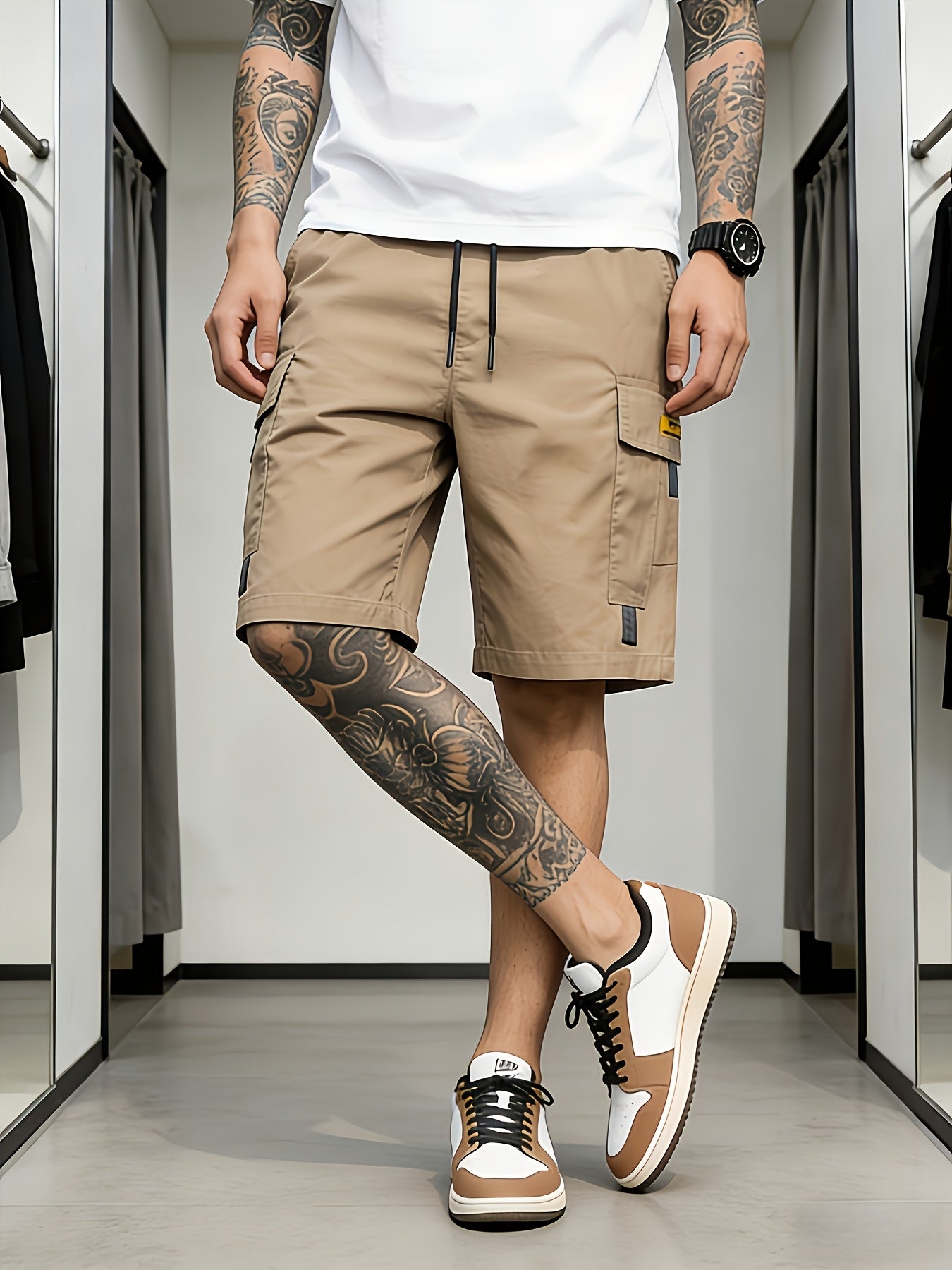 3PcsMen's Gray Cargo Shorts Drawstring Waist Loose Fit Multi-Pocket Lightweight Summer Casual Shorts, Men's Streetwear Outdoor Daily Bottoms