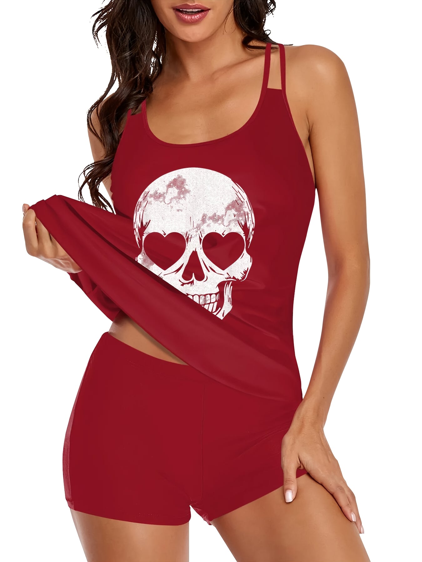 Adorable Skeleton-Themed Two-Piece Swimsuit for Women, Featuring a Stylish Black Design with a Conservative Double Shoulder Tankini Style, Perfect for a Laid-Back Halloween Look