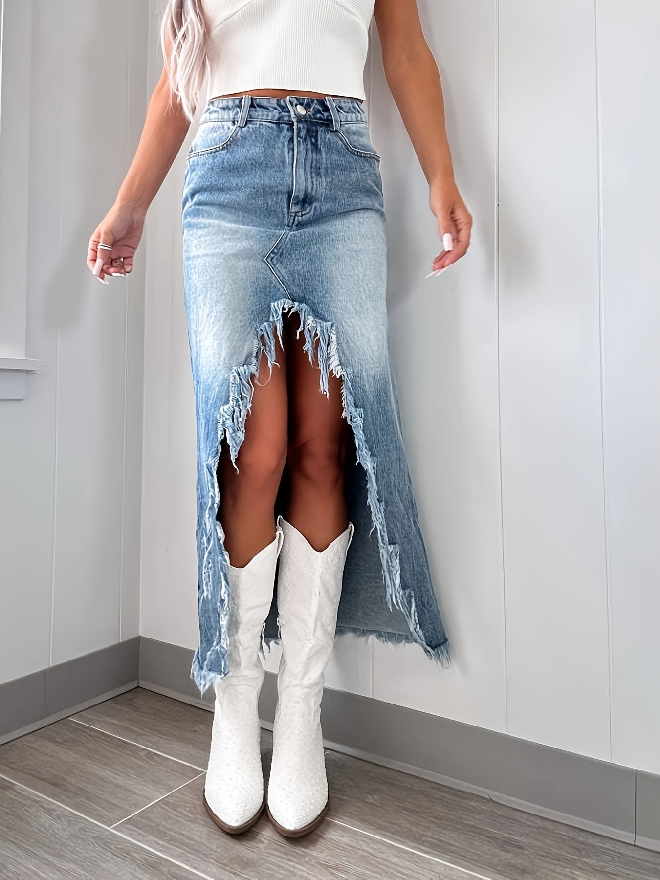 2025 Spring New High Waist Irregular Burr Denim Skirt Women'S Clothing Old Washed Skirt