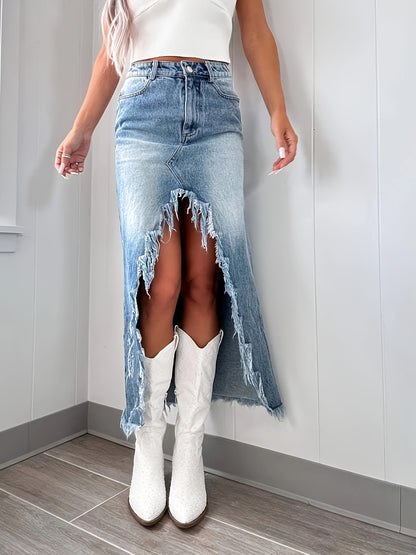 2025 Spring New High Waist Irregular Burr Denim Skirt Women'S Clothing Old Washed Skirt