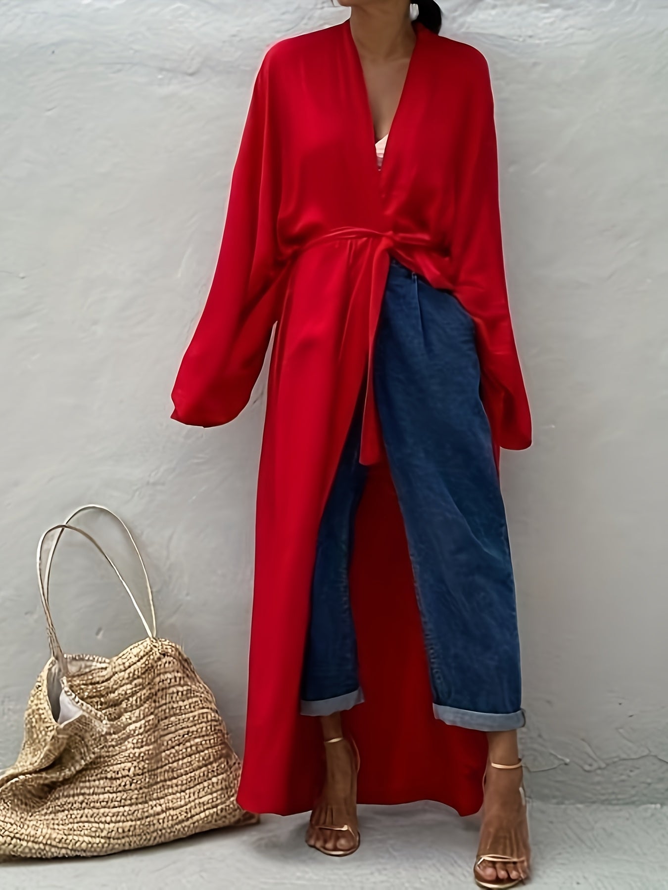 Women's Beige Kimono Cardigan - Casual V-Neck, Long Sleeve with Tie Waist, Lightweight Beach Cover-Up Dress, Breathable & Semi-Sheer for Vacation Layering, Casual Layering Piece|Flowing Beachwear|Breathable Fabric