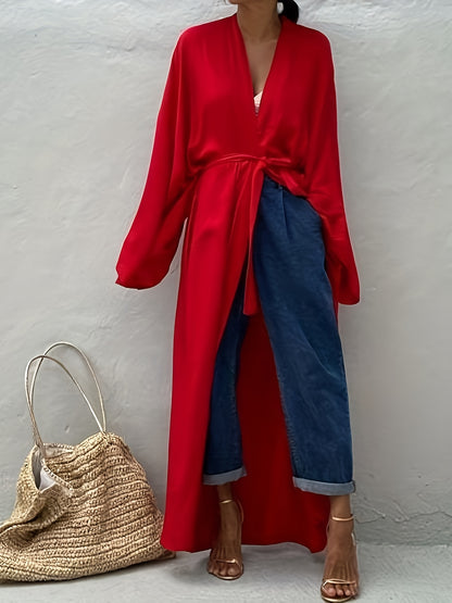 Women's Beige Kimono Cardigan - Casual V-Neck, Long Sleeve with Tie Waist, Lightweight Beach Cover-Up Dress, Breathable & Semi-Sheer for Vacation Layering, Casual Layering Piece|Flowing Beachwear|Breathable Fabric