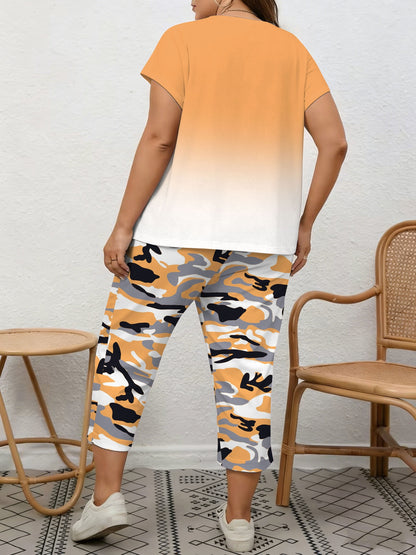 Plus Size, Spring/Summer Plus Size Women's 2pcs Set, Gradient Print And Queen Print, Round Neck Top with Capri Pants, Suitable for Home, Leis And Outings