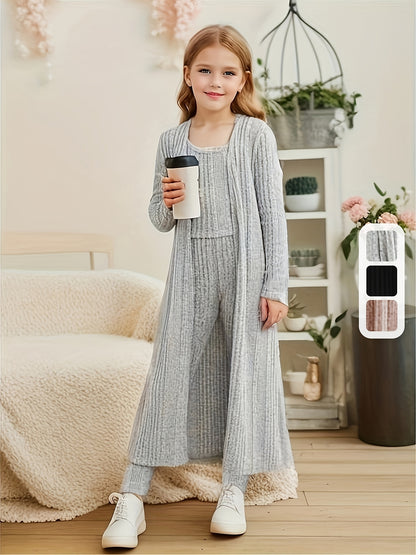 Stretchy Knitwear 3pcs Girls, Long Sleeve Shawl Knit Cardigan + Top + Leggings Kids Gift, perfect for casual outdoors & walking dog, Perfect for Outdoor