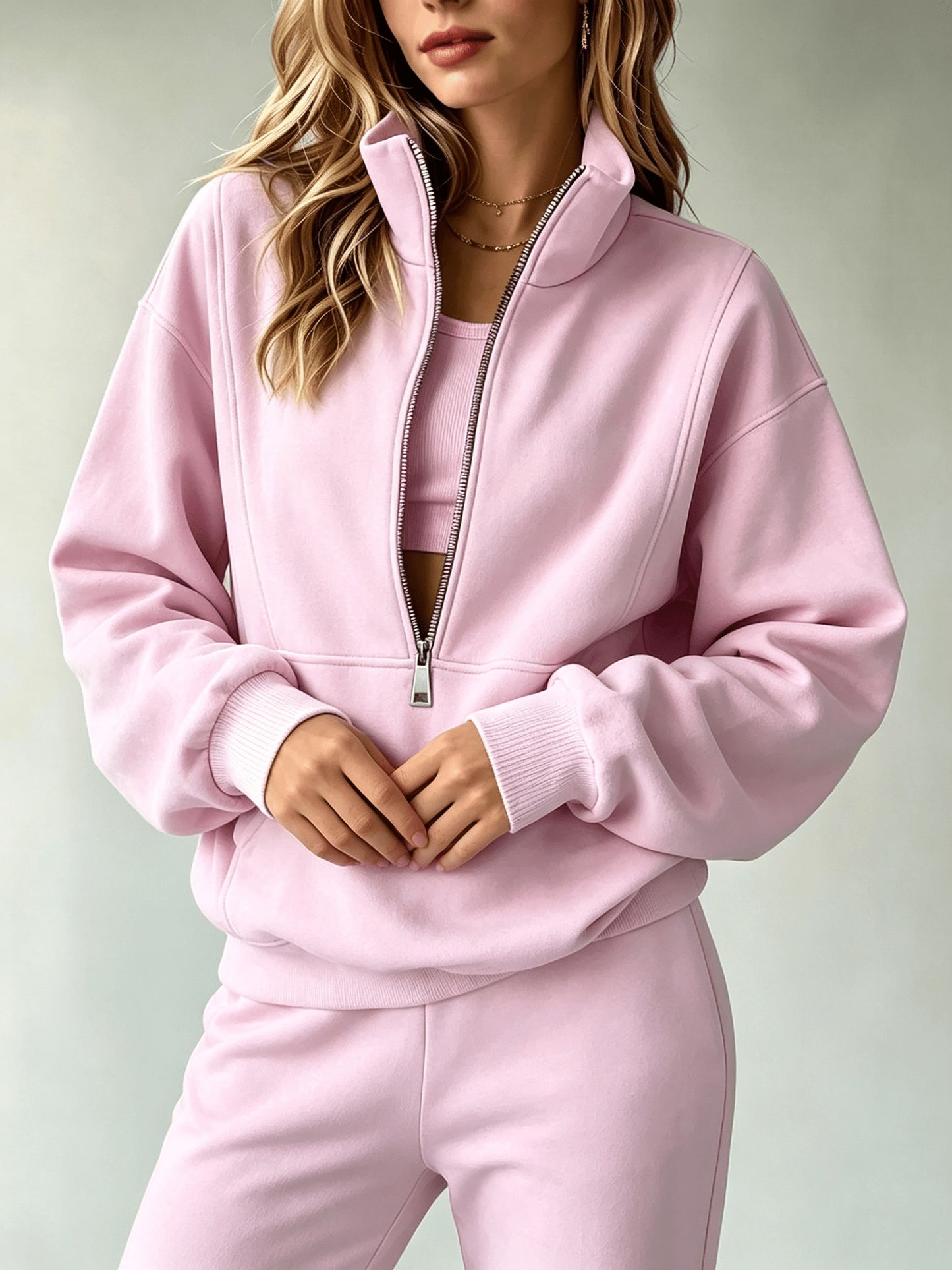 Women'S Matching Outfit, Cozy Fleece Top, Trendy Casual Sportswear for Ladies