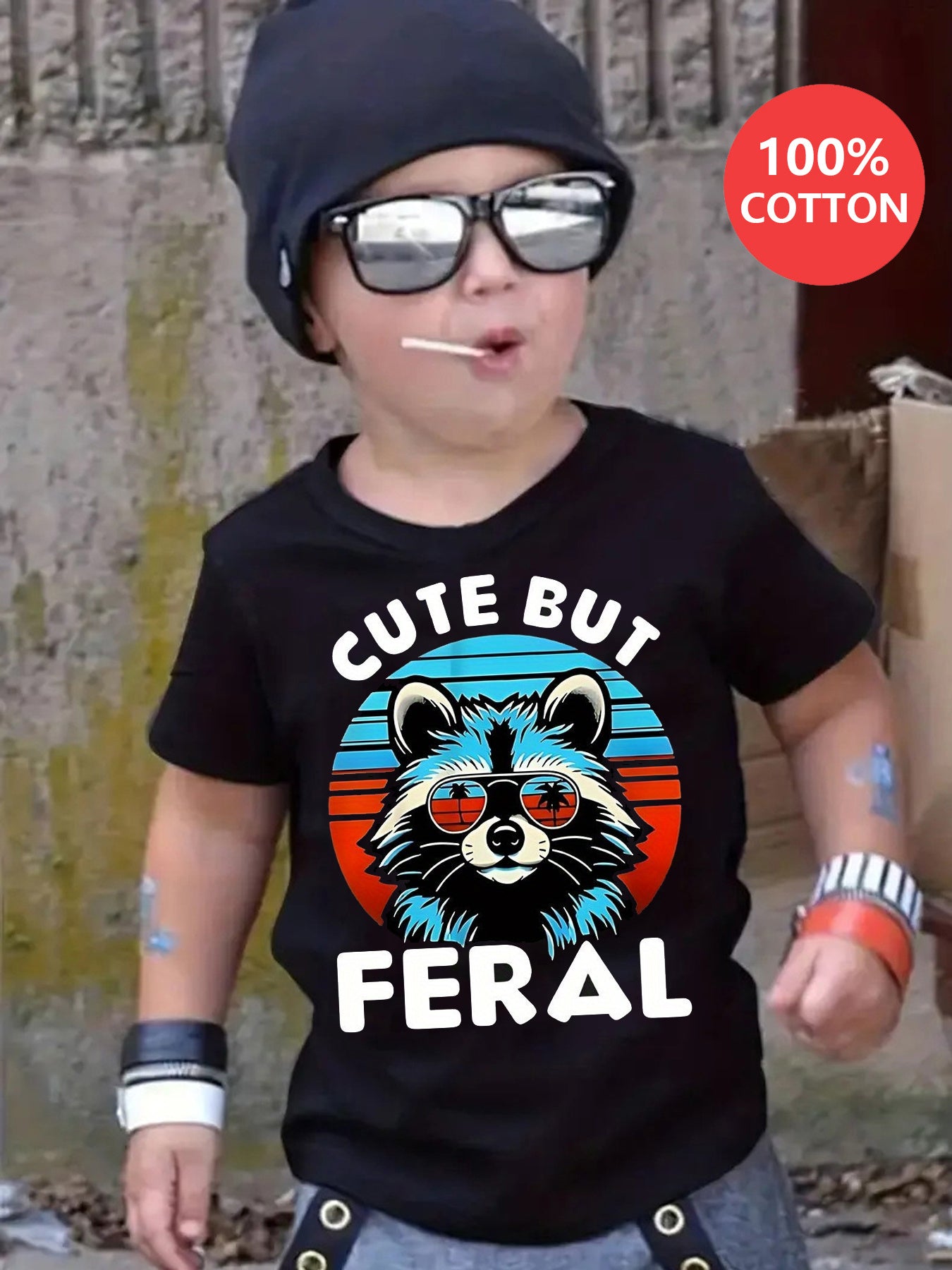 Cute but Wild Raccoon Pattern Print 100% Cotton Boy T-shirt