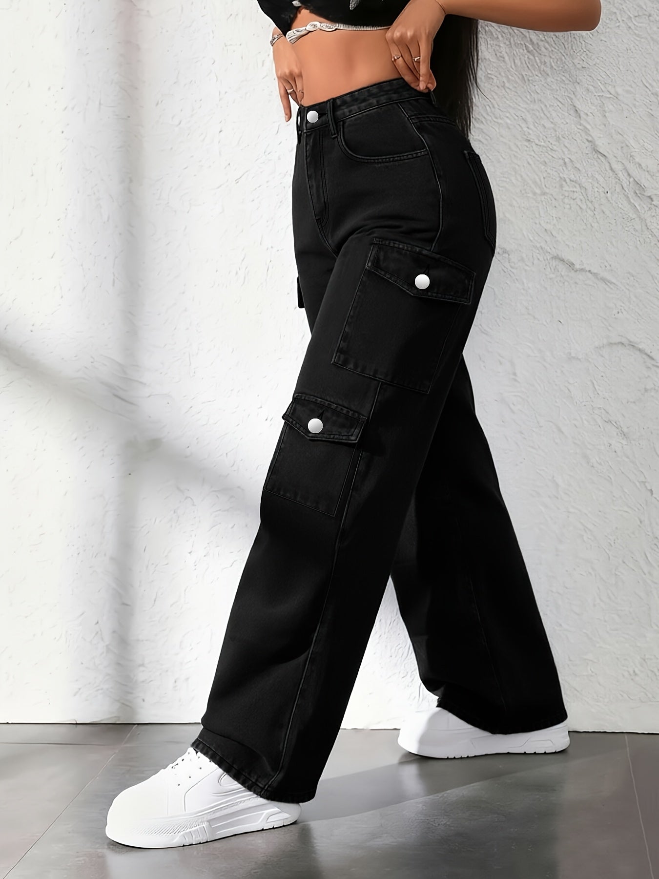 Color Denim Popular Trend Light Blue Plus Size Multi-pocket Cargo Jeans, 2026 New High-waisted Loose Baita Women'S Straight-leg Trousers
