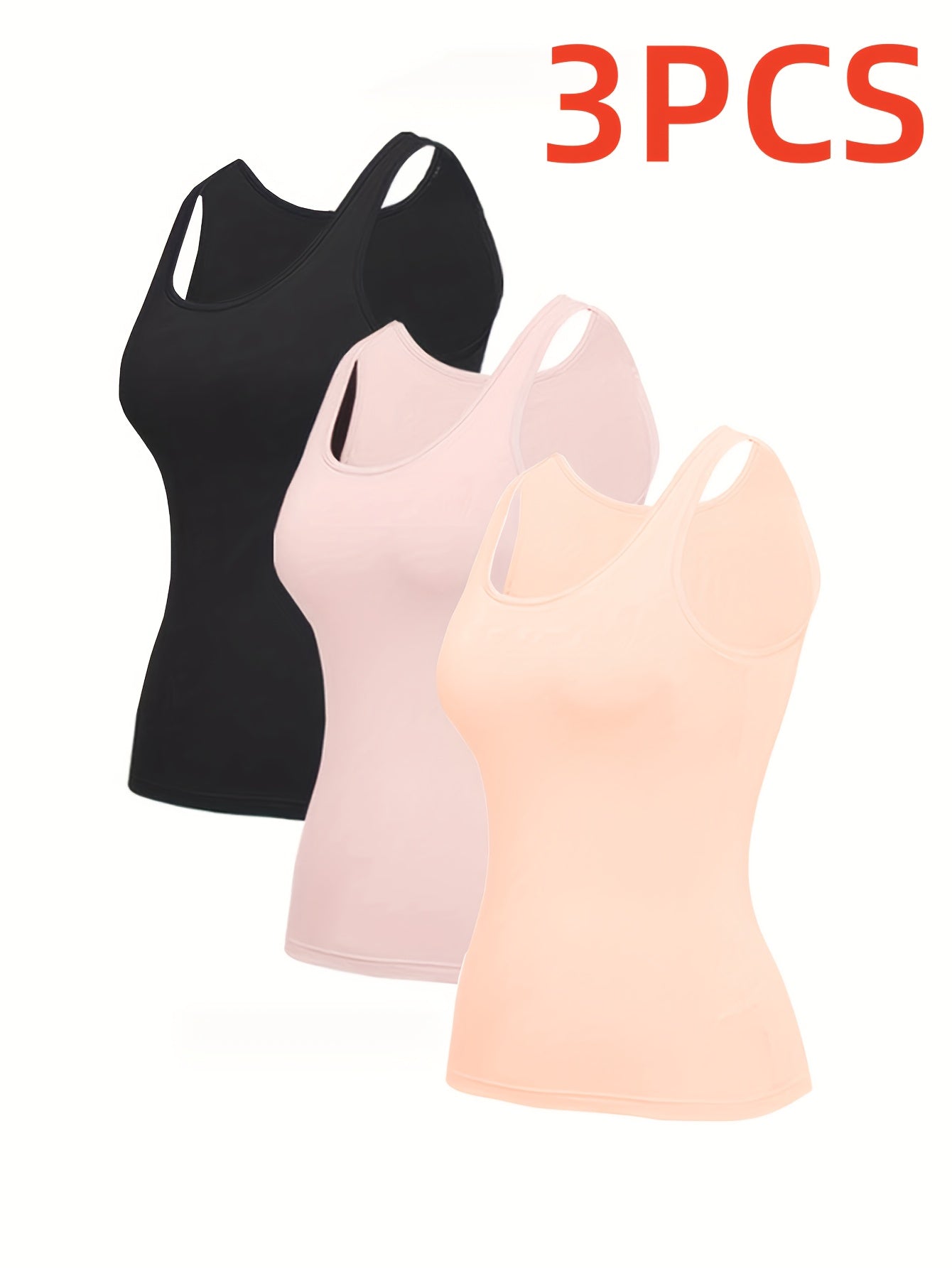 3pcs Pack Women's Vest, Built-in Bra, Seamless Design, Yoga And Casual Layering Undershirt, Layering Base - Suitable for Summer, Vacation, Beach Party Outerwear Solid Colors, Black & Pink & Apricot