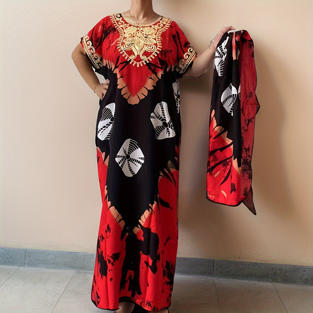 Elegant Ramadan Kaftan Dress: Middle Eastern Women's Long Sleeve, Floral Print, Rayon/Viscose, Seasonal, Straight Cut,, Sari Style, Suitable for All Seasons