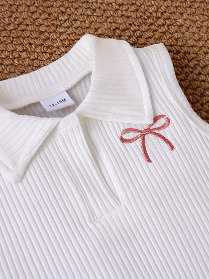 Girl's Collared Knit Tank Top + Bow Corduroy Skirt + Belt 3pcs Set - Sweet Preppy Style, Exquisite Bow Embroidery, Comfortable Corduroy Fabric, Elastic Waist, Perfect for Spring And Autumn, Great for Daily Streetwear And School Activities