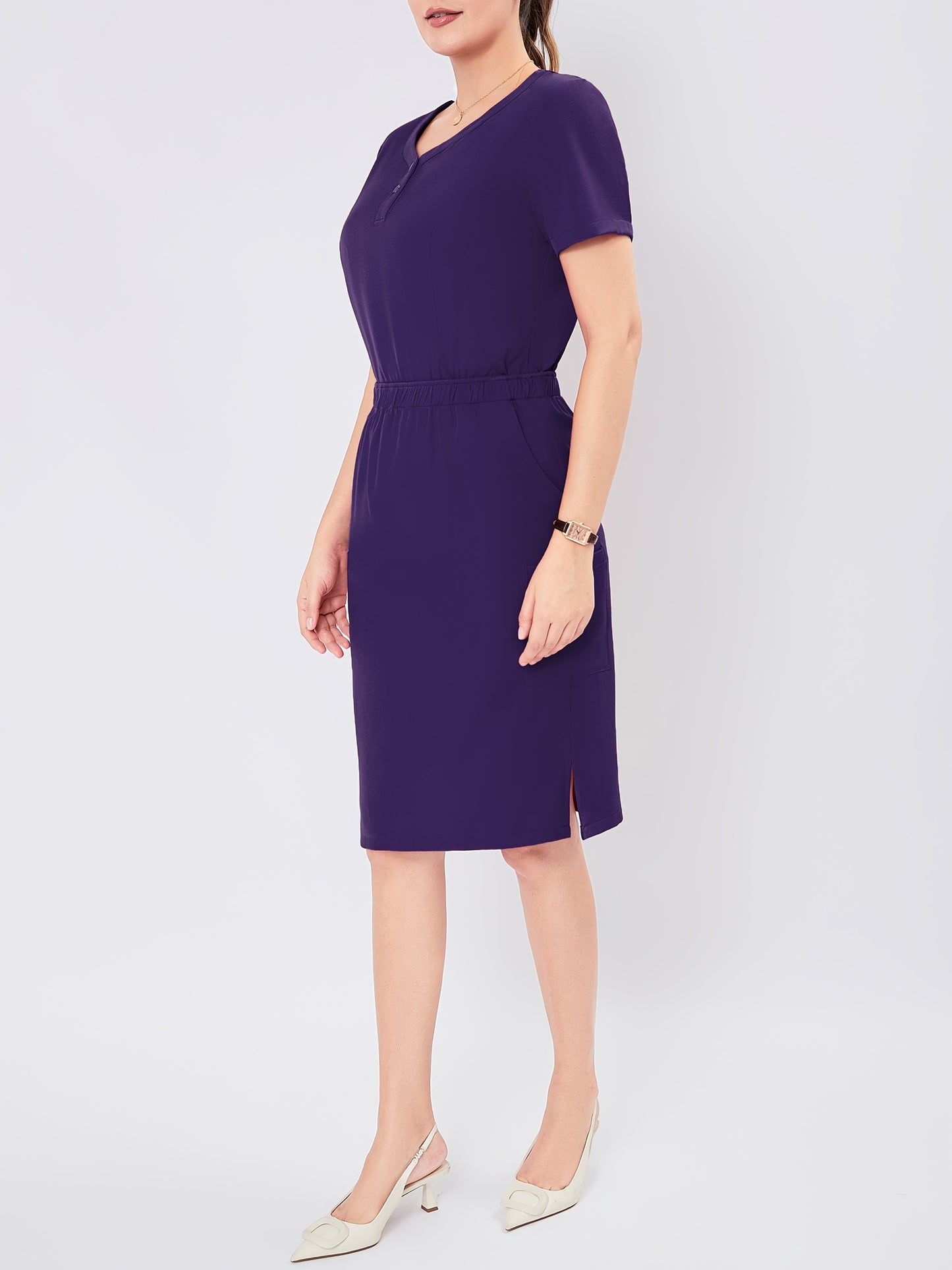 Women's V-Neck Button-Up Scrub Set, Fashionable Short Sleeve Beauty Salon Medical Hand Wash Uniform, Polyester Blend, Casual Style, Regular Fit, Solid Color, Straight Sleeve, Knee-Length Skirt with Pockets, Pullover Top