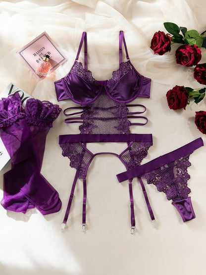 3pcs Sexy Semi-Sheer Lace Mesh Satin Lingerie Set with Garter Belt for Women, Contrast Lace Garter Bustier Bodysuit, Adjustable Strap Babydoll Corset with Stockings, Halloween Roleplay Costume, Hot Outfit Party Clothing Seductive Intimate Apparel Underwea
