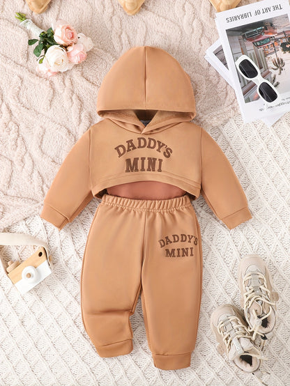 3pcs Baby's Trendy "Daddy's Mini" Print Cropped Hoodie + Cami Top + Casual Pants, Toddler & Infant Girl's Clothing Outdoor Set for Fall Winter, Outdoor Cloth, Perfect for Outdoor