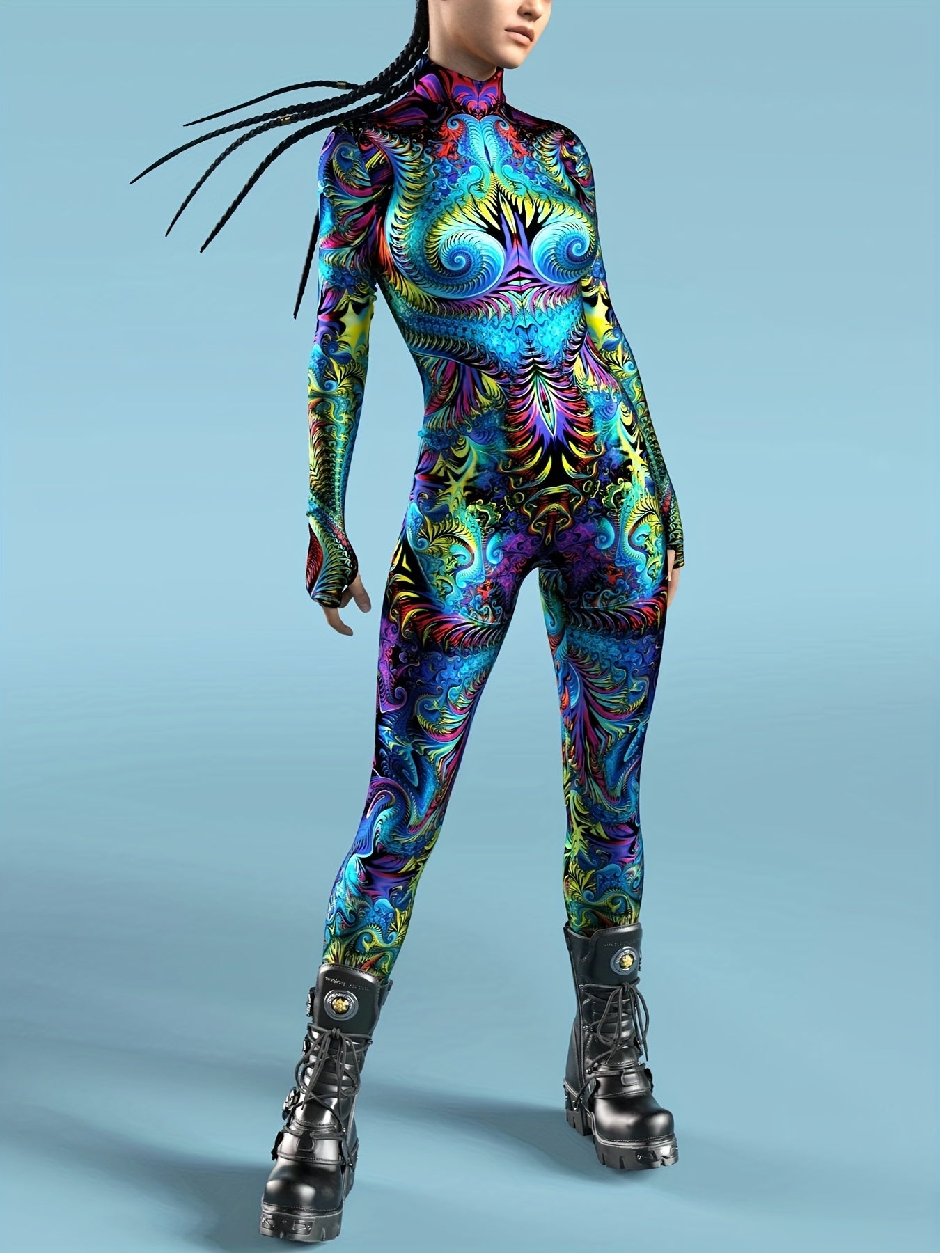 Stretchy Spandex Psychedelic Fractal Print Bodysuit for Women - High-Neck, Long Sleeve, Costume for Halloween & Cosplay Parties