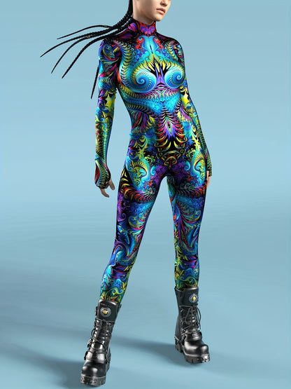 Stretchy Spandex Psychedelic Fractal Print Bodysuit for Women - High-Neck, Long Sleeve, Costume for Halloween & Cosplay Parties